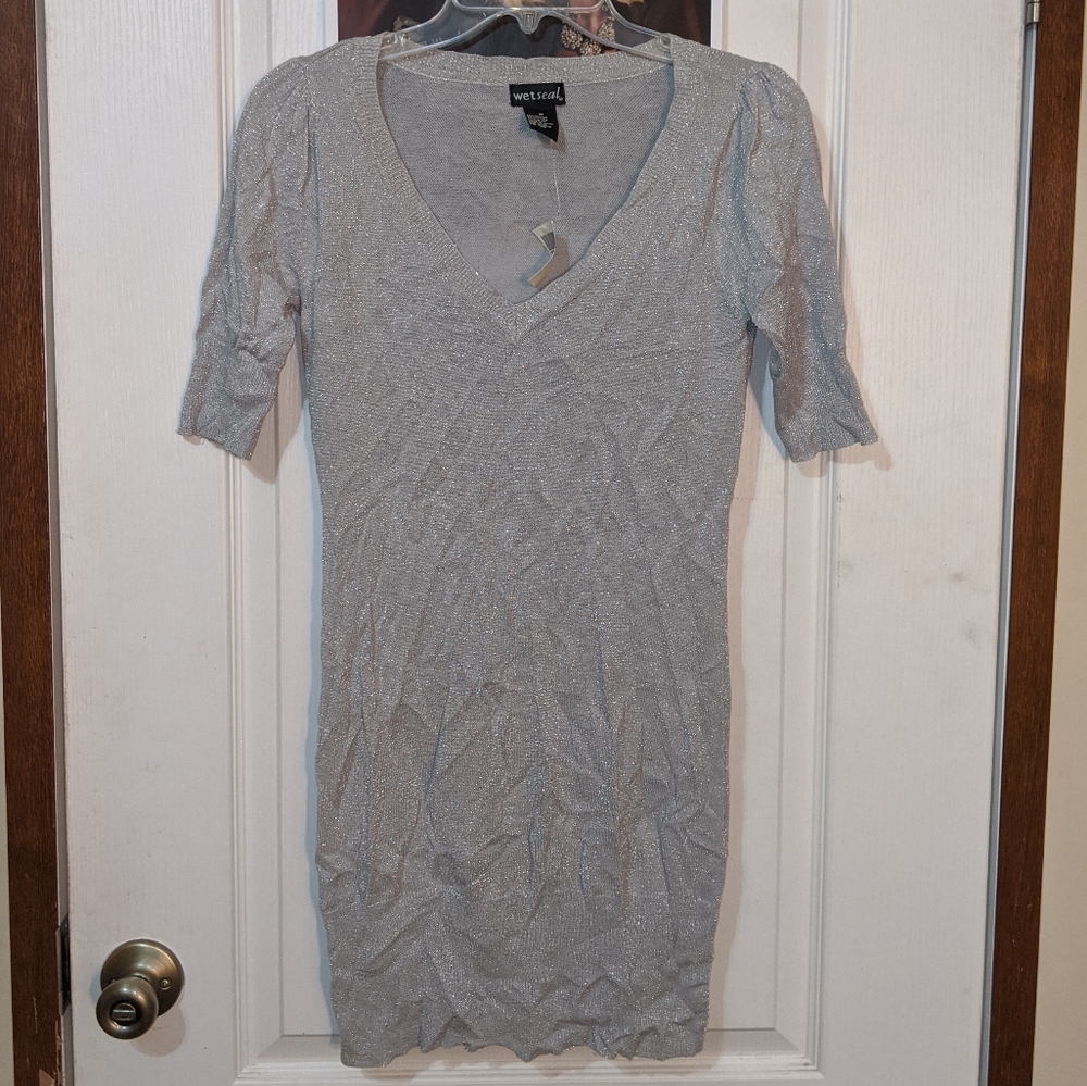 Y2K Wet Seal Silver Sparkle V Neck Short Sleeve Sweater Mini Bodycon Dress Med